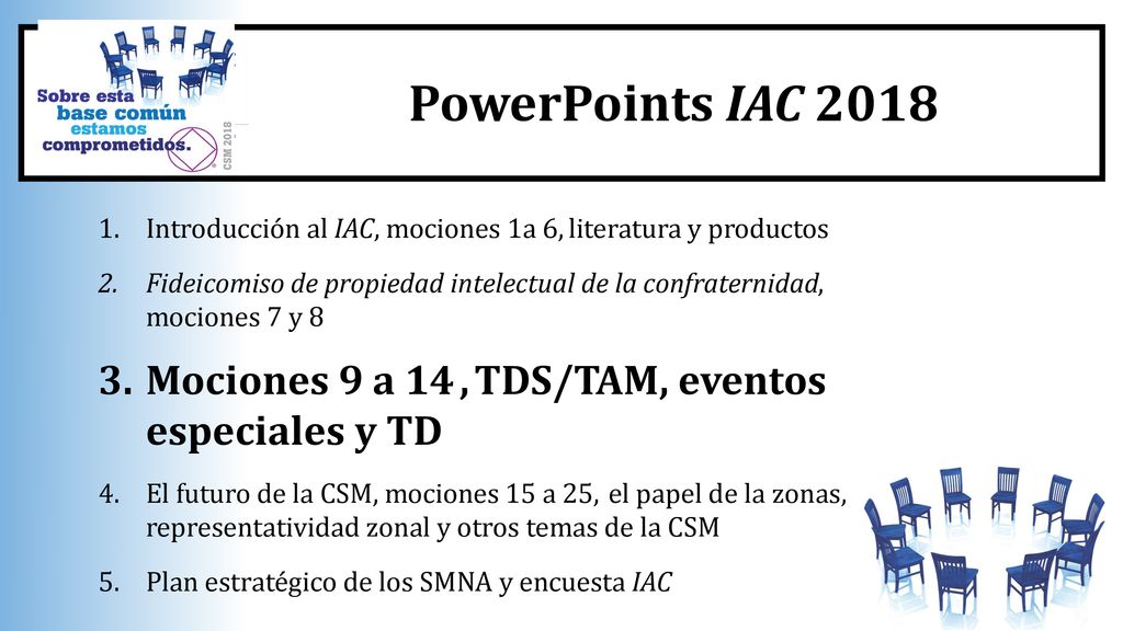 PowerPoints IAC 2018 Introducción al IAC, mociones 1a 6, literatura y productos.