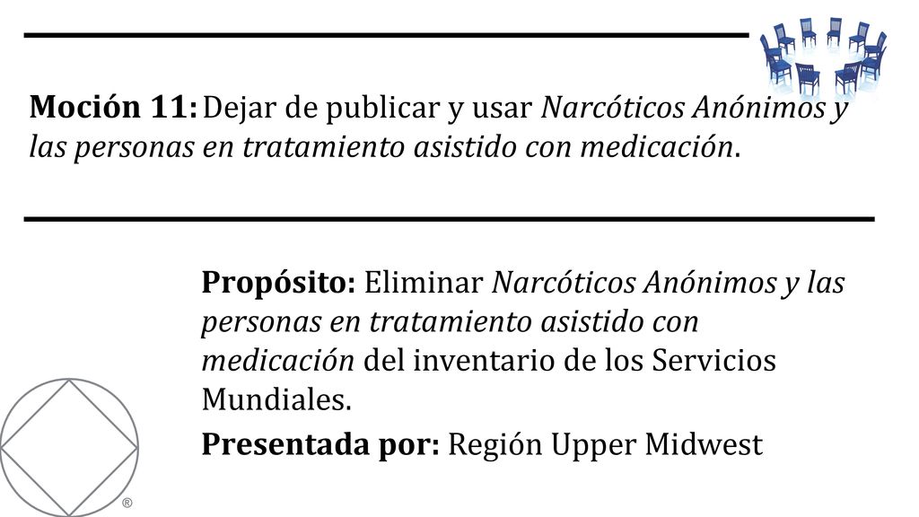 Moción 11: Dejar de publicar y usar Narcóticos Anónimos y las personas en tratamiento asistido con medicación.