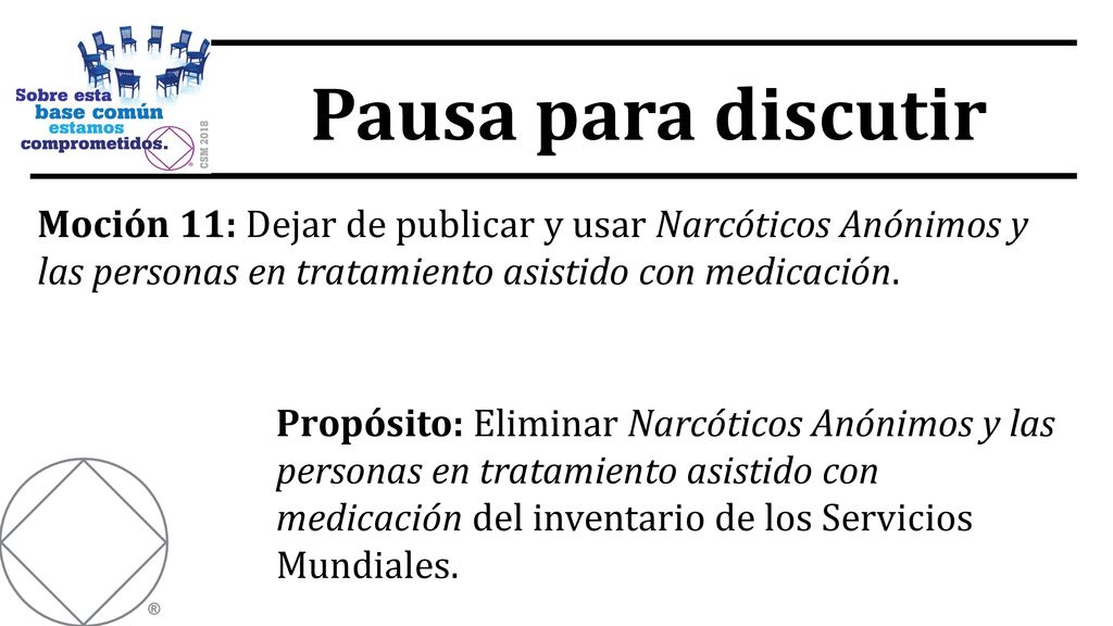 Moción 11: Dejar de publicar y usar Narcóticos Anónimos y las personas en tratamiento asistido con medicación.
