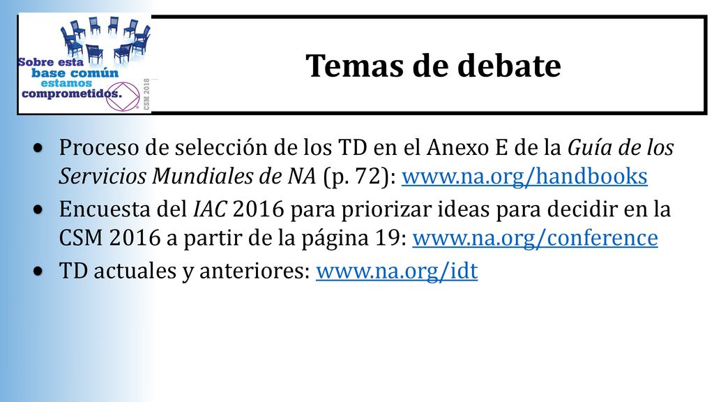 Temas de debate Proceso de selección de los TD en el Anexo E de la Guía de los Servicios Mundiales de NA (p. 72):
