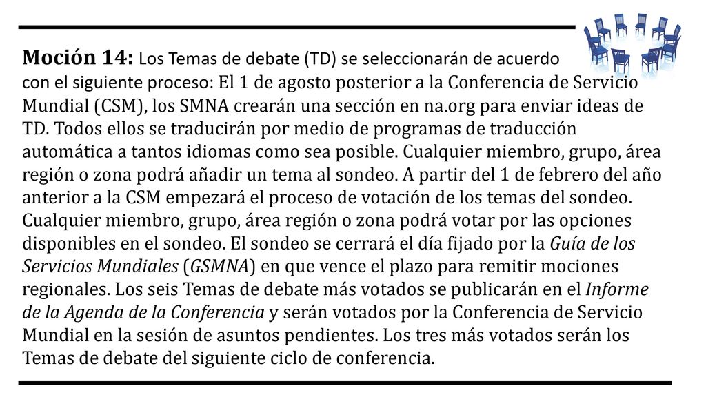 Moción 14: Los Temas de debate (TD) se seleccionarán de acuerdo con el siguiente proceso: El 1 de agosto posterior a la Conferencia de Servicio Mundial (CSM), los SMNA crearán una sección en na.org para enviar ideas de TD. Todos ellos se traducirán por medio de programas de traducción automática a tantos idiomas como sea posible. Cualquier miembro, grupo, área región o zona podrá añadir un tema al sondeo. A partir del 1 de febrero del año anterior a la CSM empezará el proceso de votación de los temas del sondeo. Cualquier miembro, grupo, área región o zona podrá votar por las opciones disponibles en el sondeo. El sondeo se cerrará el día fijado por la Guía de los Servicios Mundiales (GSMNA) en que vence el plazo para remitir mociones regionales. Los seis Temas de debate más votados se publicarán en el Informe de la Agenda de la Conferencia y serán votados por la Conferencia de Servicio Mundial en la sesión de asuntos pendientes. Los tres más votados serán los Temas de debate del siguiente ciclo de conferencia.