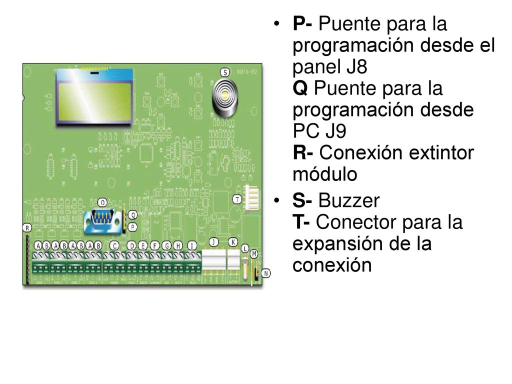P- Puente para la programación desde el panel J8 Q Puente para la programación desde PC J9 R- Conexión extintor módulo