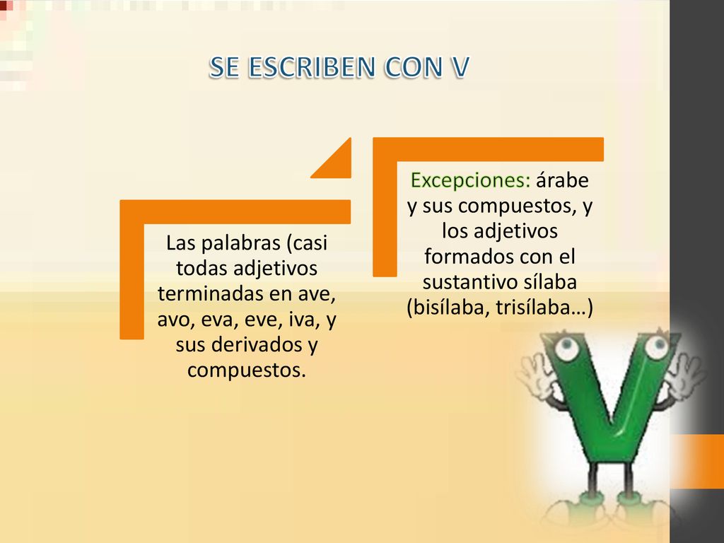 SE ESCRIBEN CON V Las palabras (casi todas adjetivos terminadas en ave, avo, eva, eve, iva, y sus derivados y compuestos.