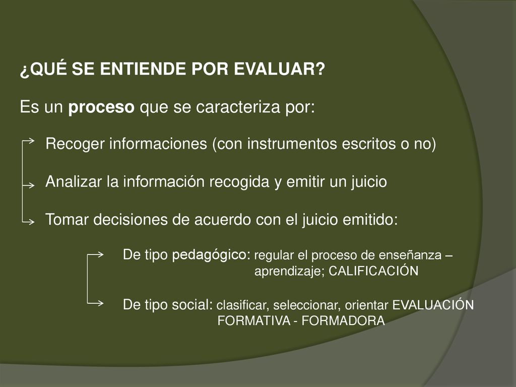 ¿QUÉ SE ENTIENDE POR EVALUAR Es un proceso que se caracteriza por: