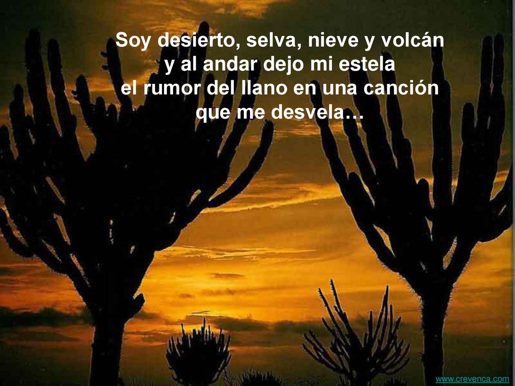 Soy desierto, selva, nieve y volcán y al andar dejo mi estela el rumor del llano en una canción que me desvela…