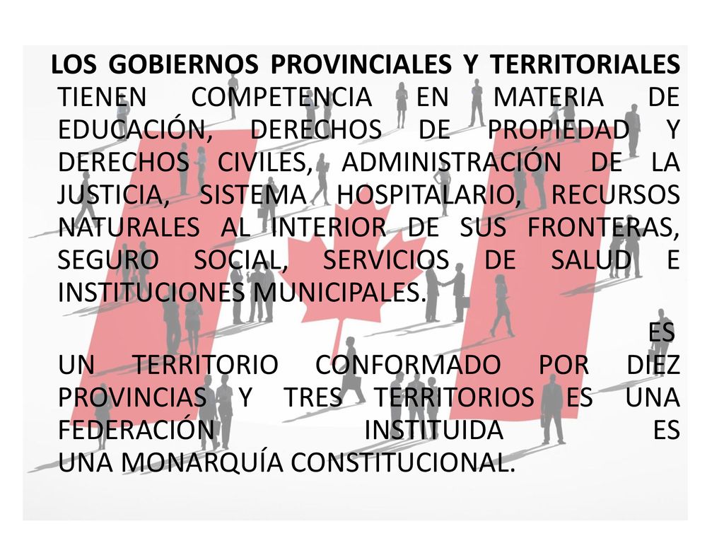 LOS GOBIERNOS PROVINCIALES Y TERRITORIALES TIENEN COMPETENCIA EN MATERIA DE EDUCACIÓN, DERECHOS DE PROPIEDAD Y DERECHOS CIVILES, ADMINISTRACIÓN DE LA JUSTICIA, SISTEMA HOSPITALARIO, RECURSOS NATURALES AL INTERIOR DE SUS FRONTERAS, SEGURO SOCIAL, SERVICIOS DE SALUD E INSTITUCIONES MUNICIPALES.