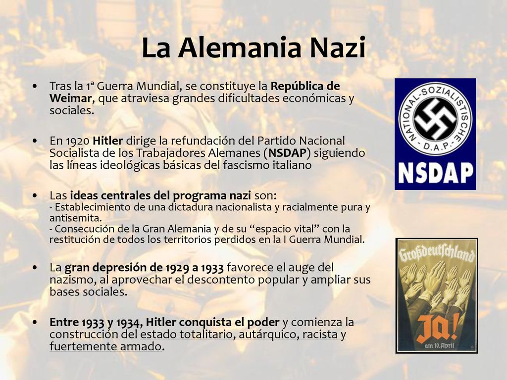 La Alemania Nazi Tras la 1ª Guerra Mundial, se constituye la República de Weimar, que atraviesa grandes dificultades económicas y sociales.