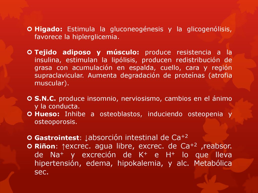 Higado: Estimula la gluconeogénesis y la glicogenólisis, favorece la hiplerglicemia.