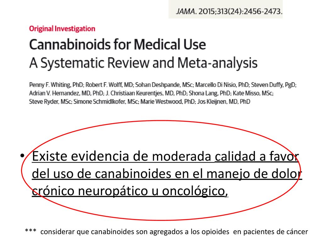 Existe evidencia de moderada calidad a favor del uso de canabinoides en el manejo de dolor crónico neuropático u oncológico,