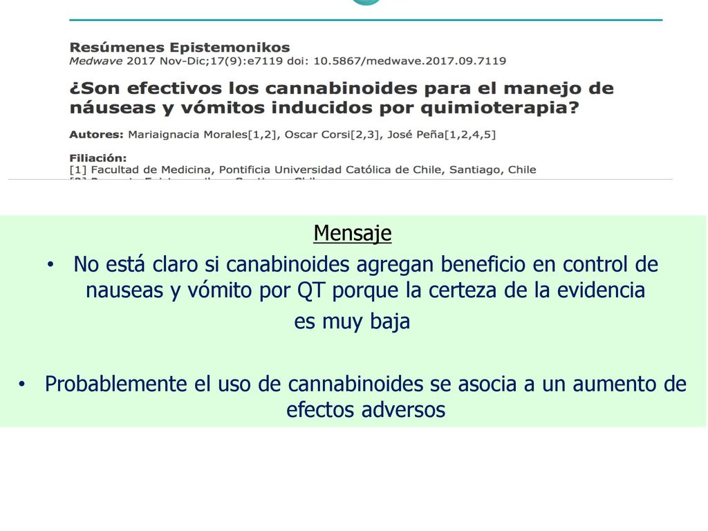 Mensaje No está claro si canabinoides agregan beneficio en control de nauseas y vómito por QT porque la certeza de la evidencia.