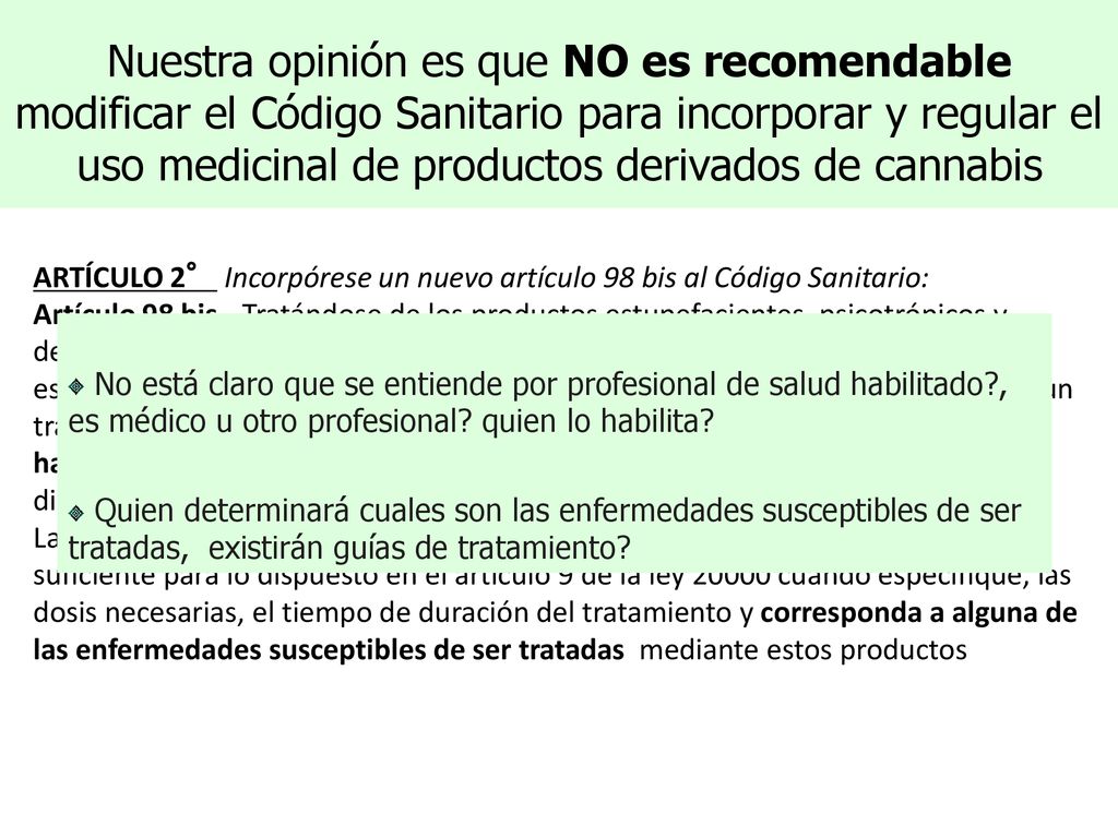 Nuestra opinión es que NO es recomendable modificar el Código Sanitario para incorporar y regular el uso medicinal de productos derivados de cannabis