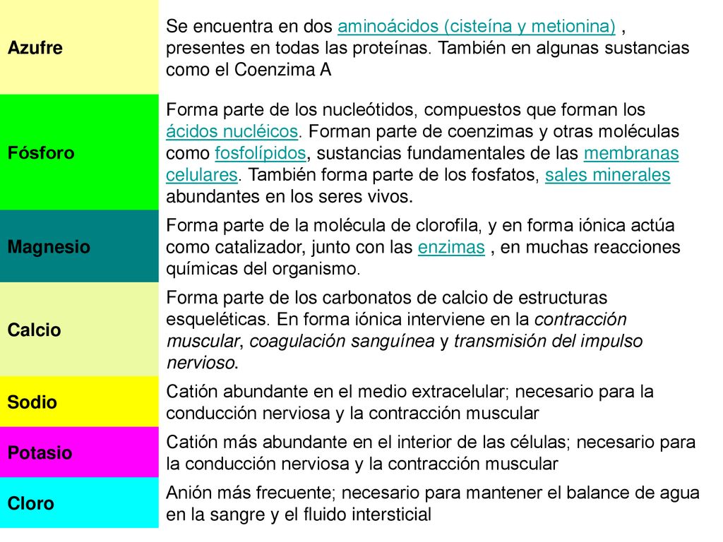 Azufre Se encuentra en dos aminoácidos (cisteína y metionina) , presentes en todas las proteínas. También en algunas sustancias como el Coenzima A.