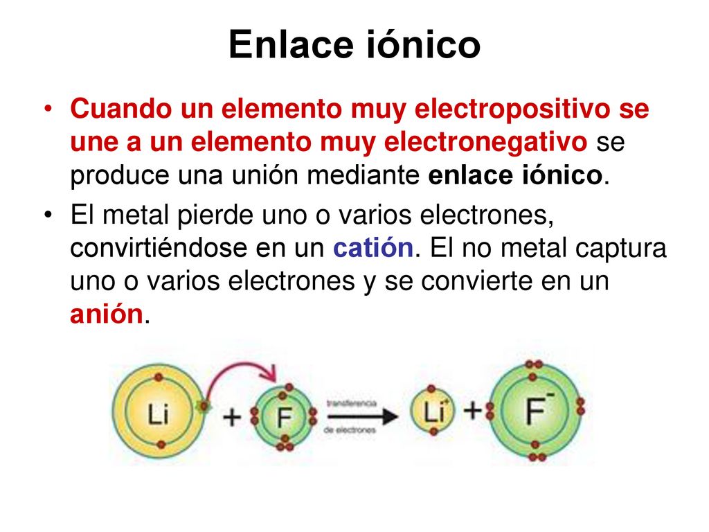 Enlace iónico Cuando un elemento muy electropositivo se une a un elemento muy electronegativo se produce una unión mediante enlace iónico.