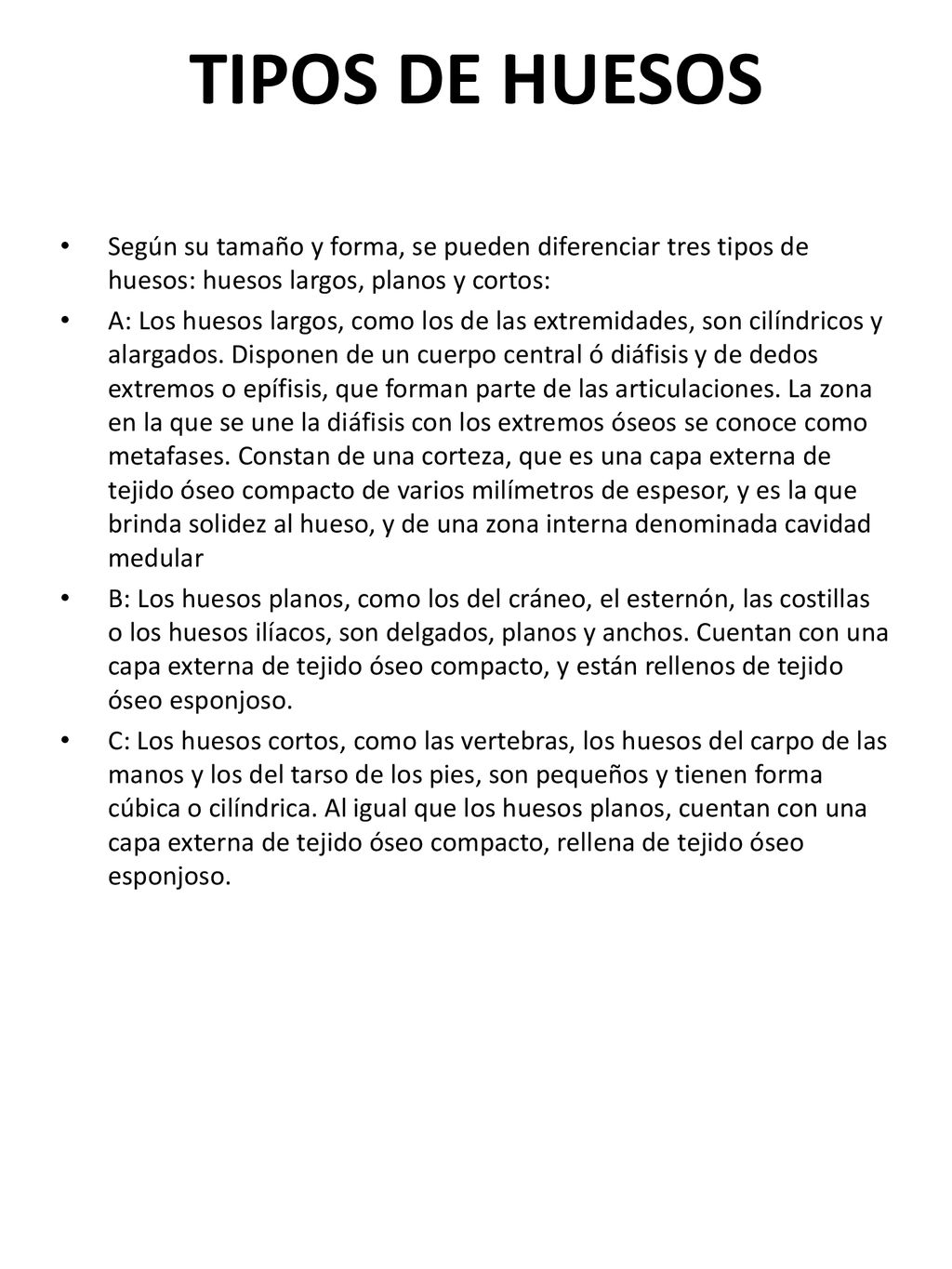 TIPOS DE HUESOS Según su tamaño y forma, se pueden diferenciar tres tipos de huesos: huesos largos, planos y cortos: