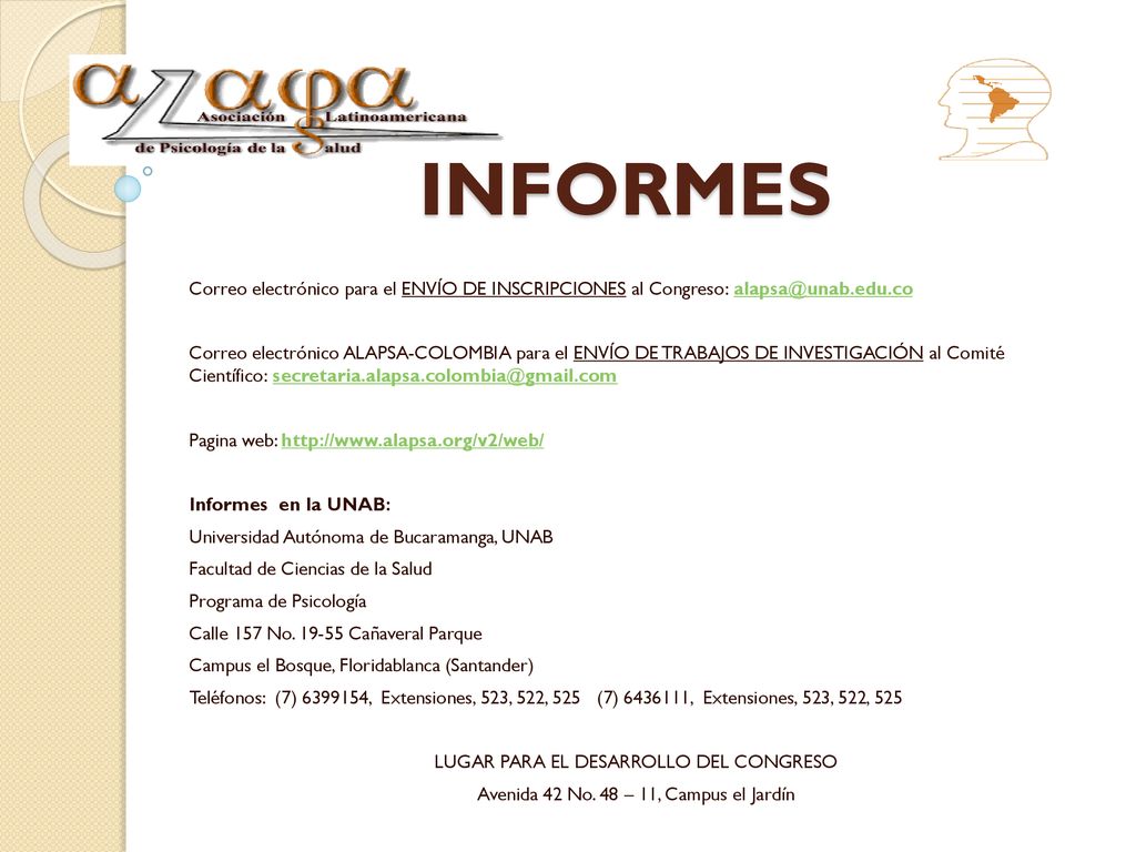 INFORMES Correo electrónico para el ENVÍO DE INSCRIPCIONES al Congreso: