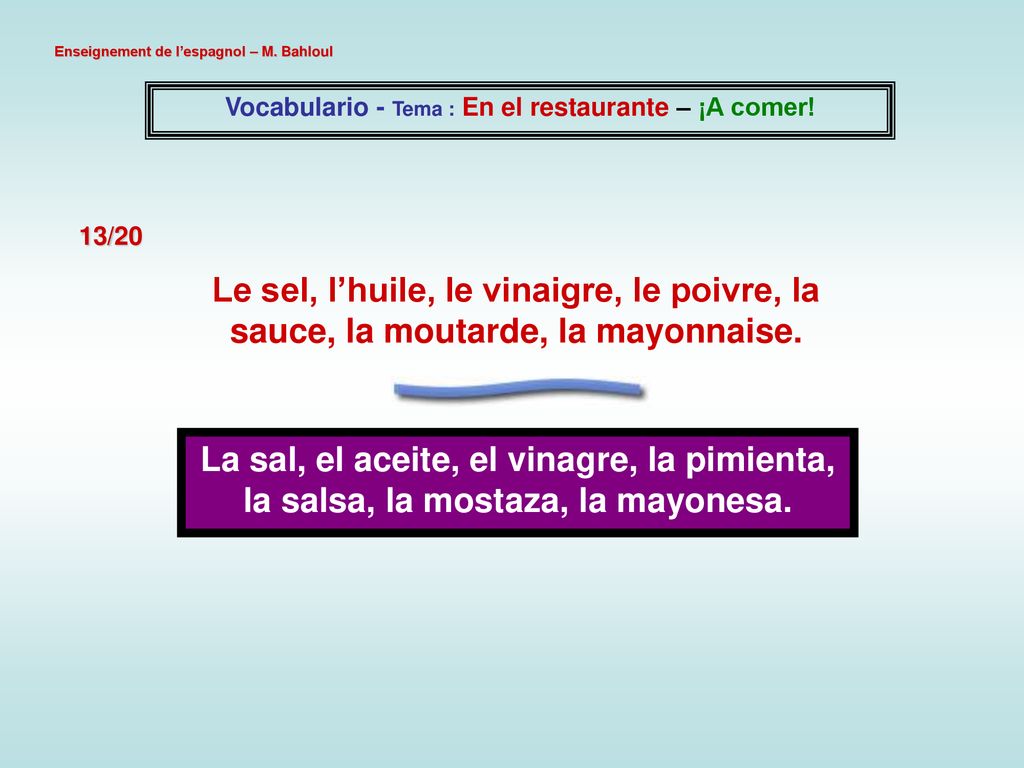 Vocabulario - Tema : En el restaurante – ¡A comer!