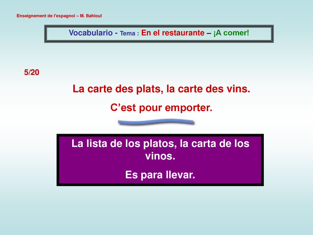 La carte des plats, la carte des vins. C’est pour emporter.