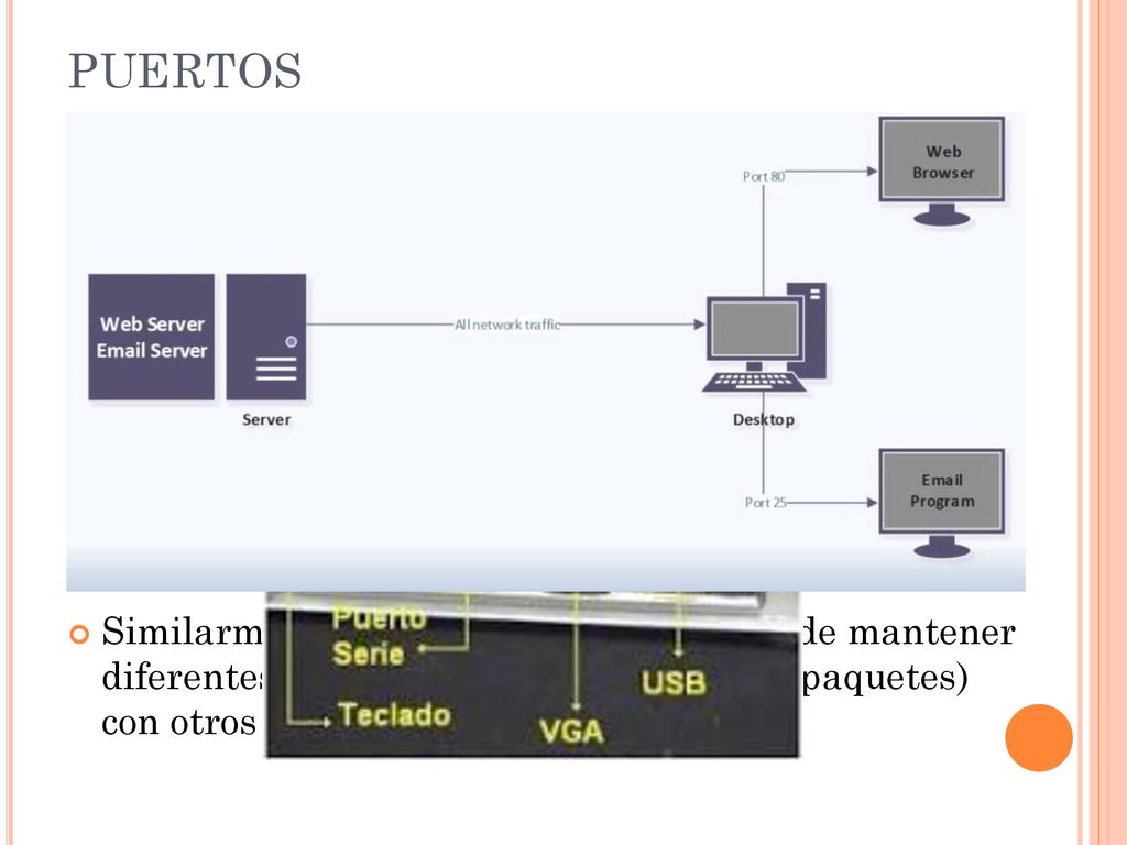 PUERTOS Un ordenador puede estar conectado con otros aparatos por varios caminos: se les llama puertos (puertos USB, ethernet, VGA, etc).