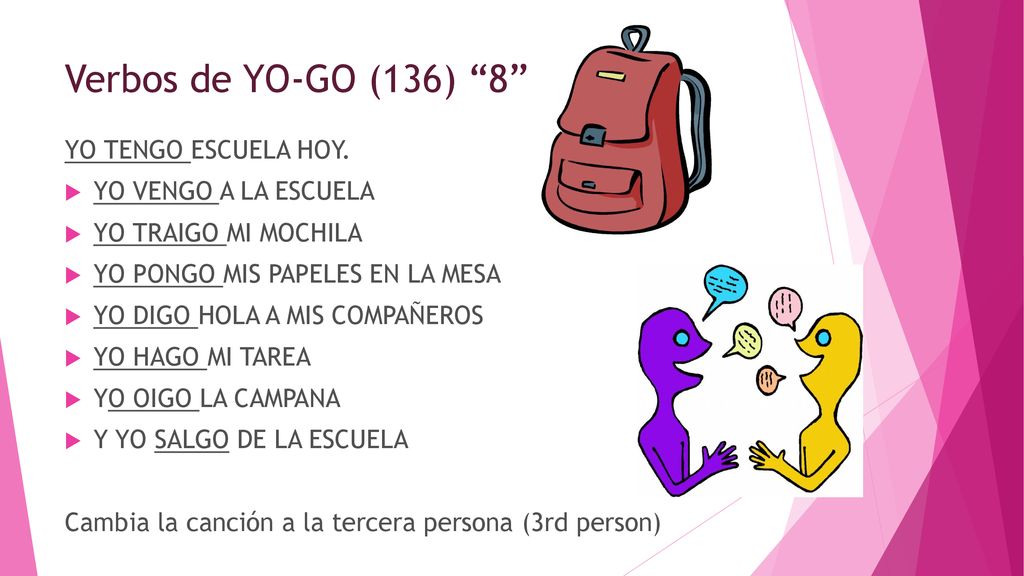 Verbos de YO-GO (136) 8 YO TENGO ESCUELA HOY. YO VENGO A LA ESCUELA