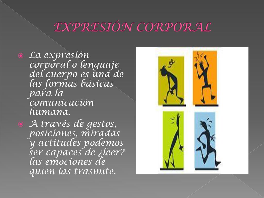 EXPRESIÓN CORPORAL La expresión corporal o lenguaje del cuerpo es una de las formas básicas para la comunicación humana.