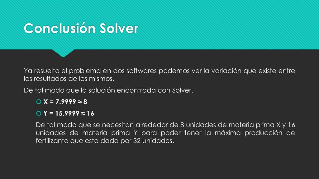 Conclusión Solver Ya resuelto el problema en dos softwares podemos ver la variación que existe entre los resultados de los mismos.