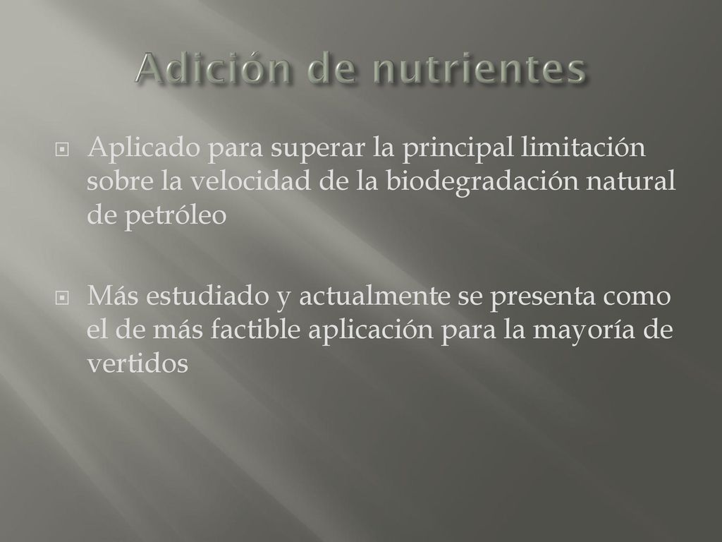 Adición de nutrientes Aplicado para superar la principal limitación sobre la velocidad de la biodegradación natural de petróleo.