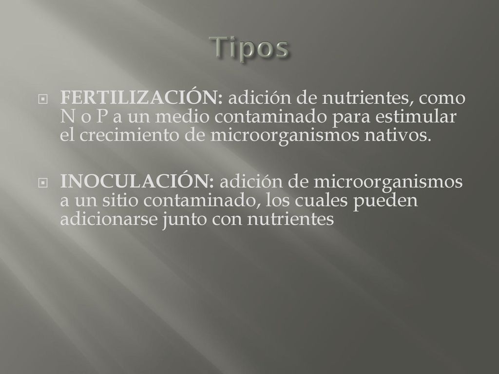 Tipos FERTILIZACIÓN: adición de nutrientes, como N o P a un medio contaminado para estimular el crecimiento de microorganismos nativos.