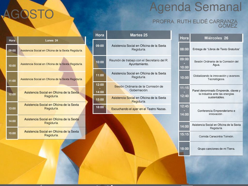 Agenda Semanal AGOSTO Cabildo Torreón PROFRA. RUTH ELIDÉ CARRANZA