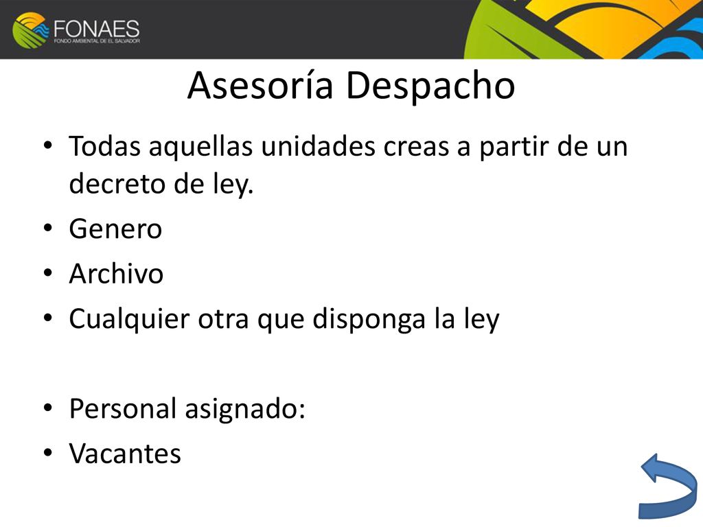 Asesoría Despacho Todas aquellas unidades creas a partir de un decreto de ley. Genero. Archivo. Cualquier otra que disponga la ley.