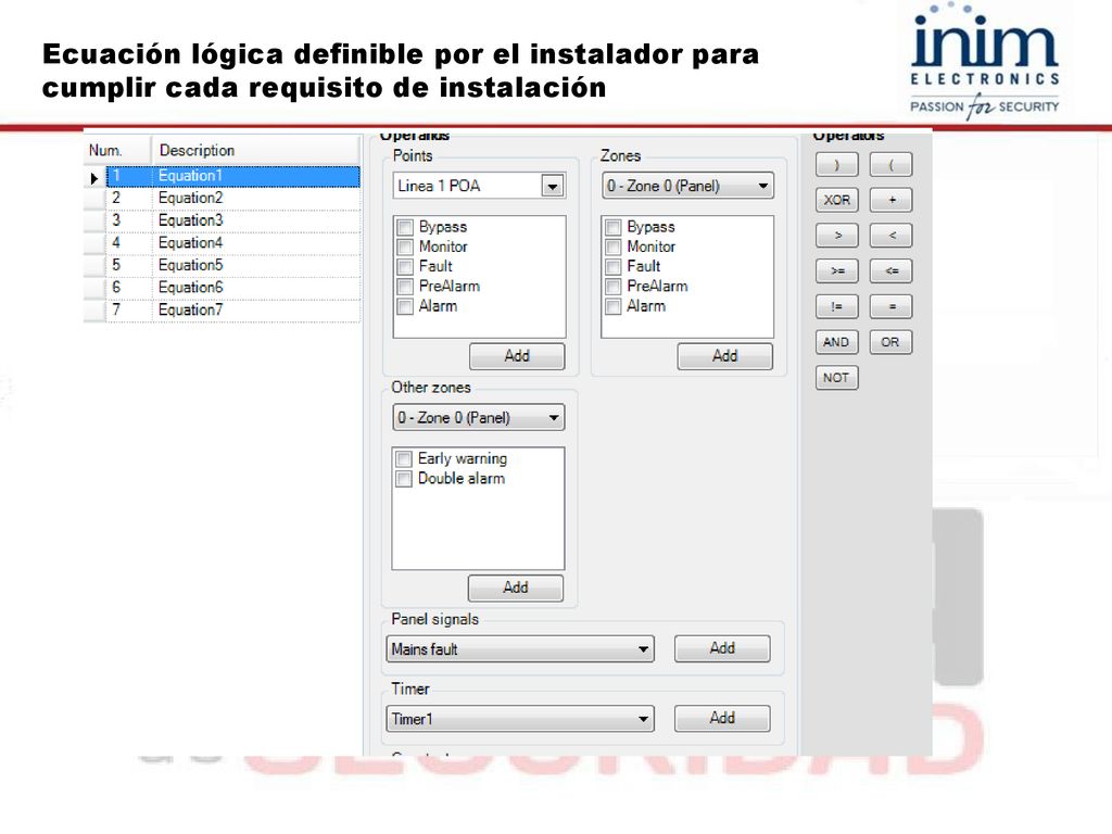 Ecuación lógica definible por el instalador para cumplir cada requisito de instalación