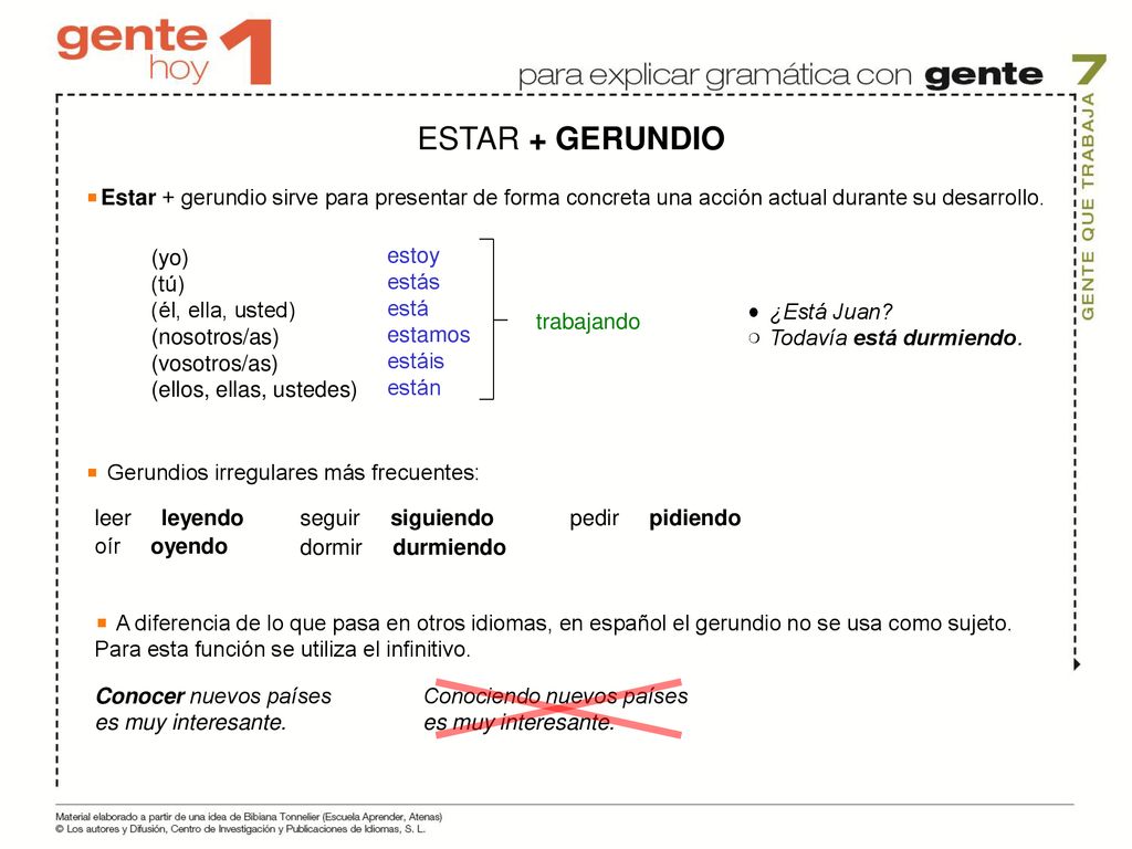 ESTAR + GERUNDIO Estar + gerundio sirve para presentar de forma concreta una acción actual durante su desarrollo.