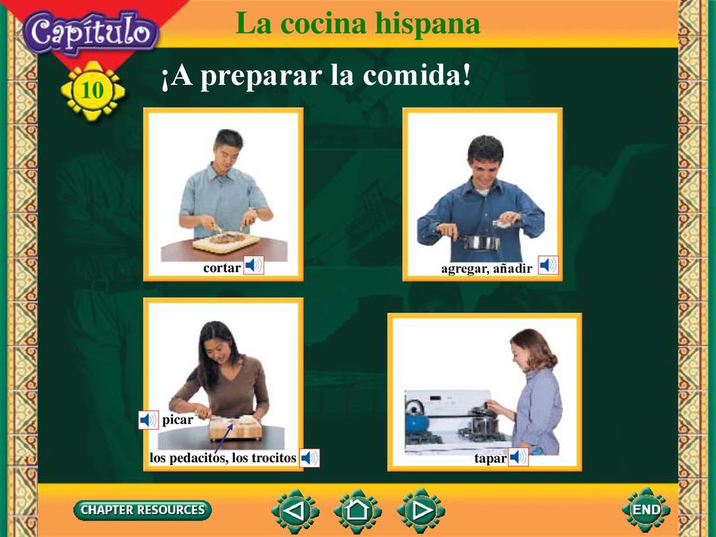 La cocina hispana ¡A preparar la comida! cortar agregar, añadir picar