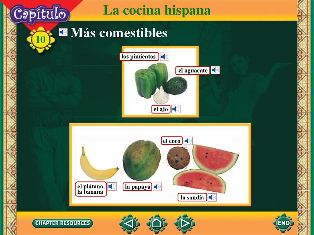 La cocina hispana Más comestibles los pimientos el aguacate el ajo