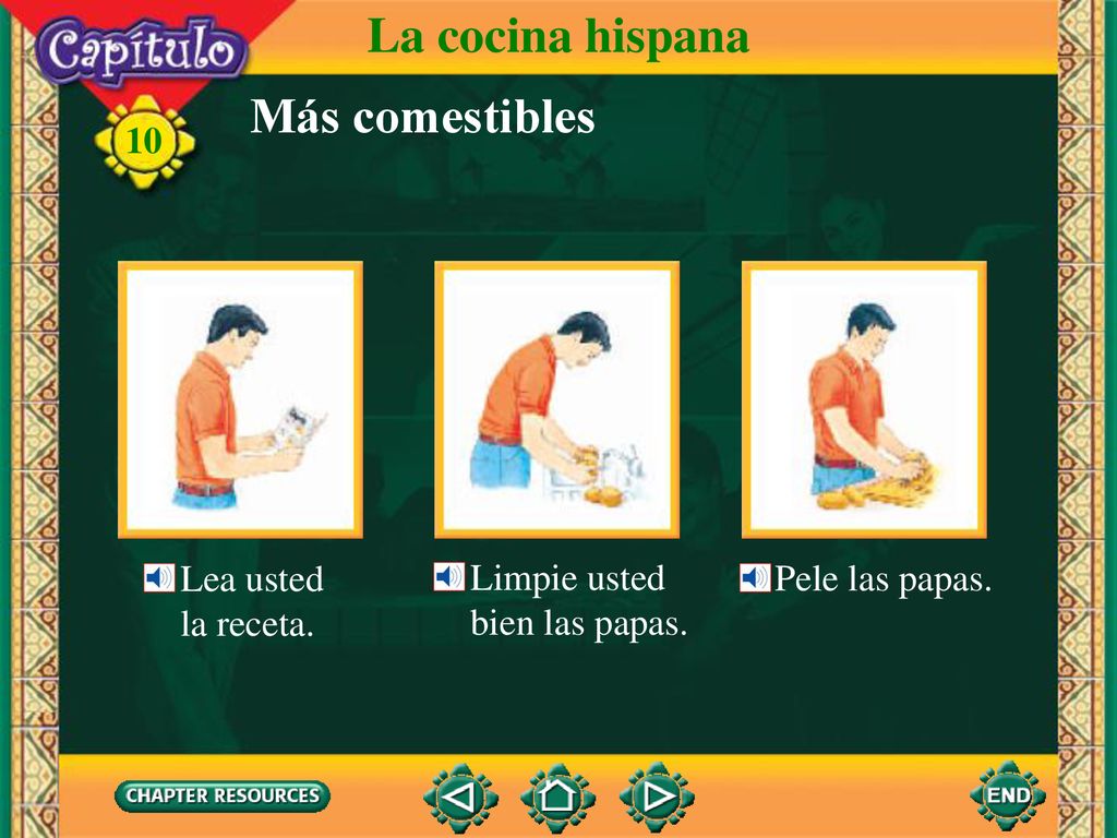 La cocina hispana Más comestibles Lea usted la receta. Limpie usted