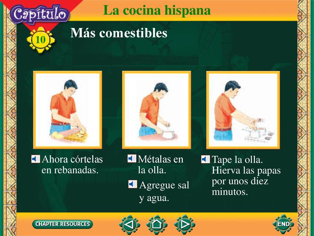 La cocina hispana Más comestibles Ahora córtelas en rebanadas.