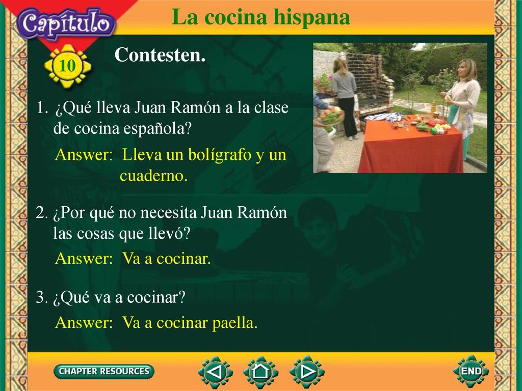 La cocina hispana Contesten. ¿Qué lleva Juan Ramón a la clase