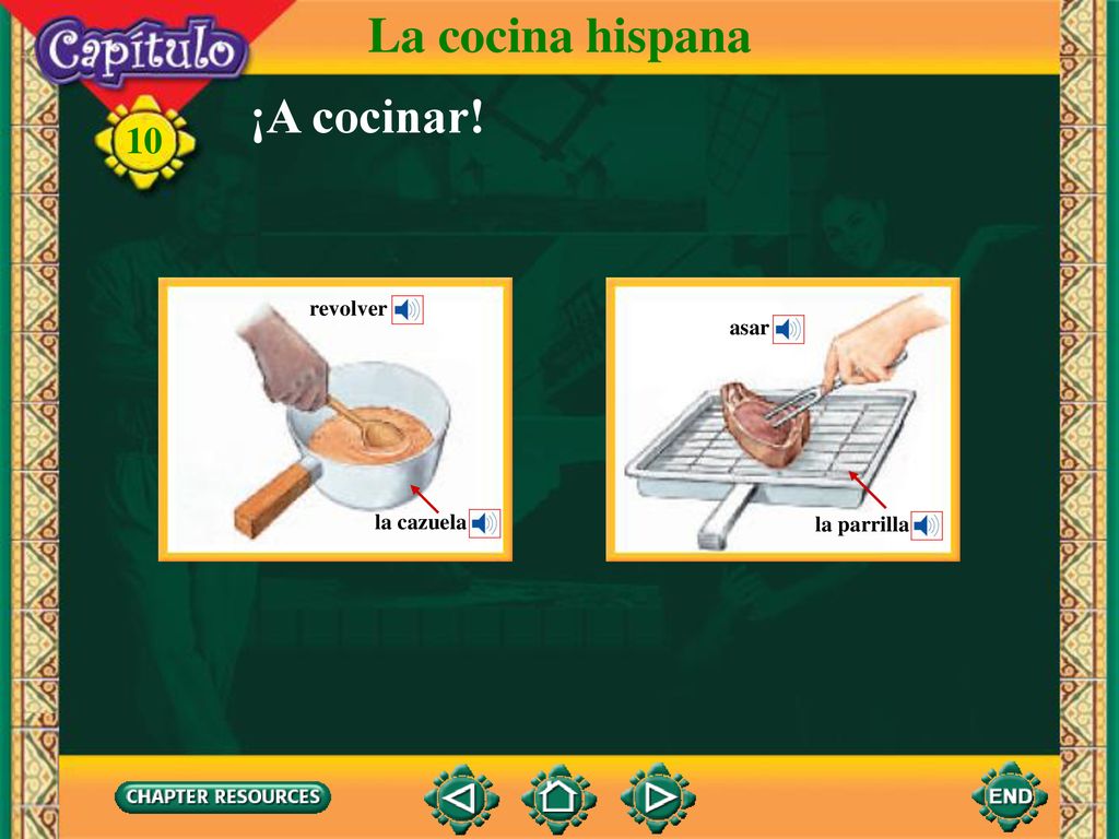 La cocina hispana ¡A cocinar! revolver asar la cazuela la parrilla