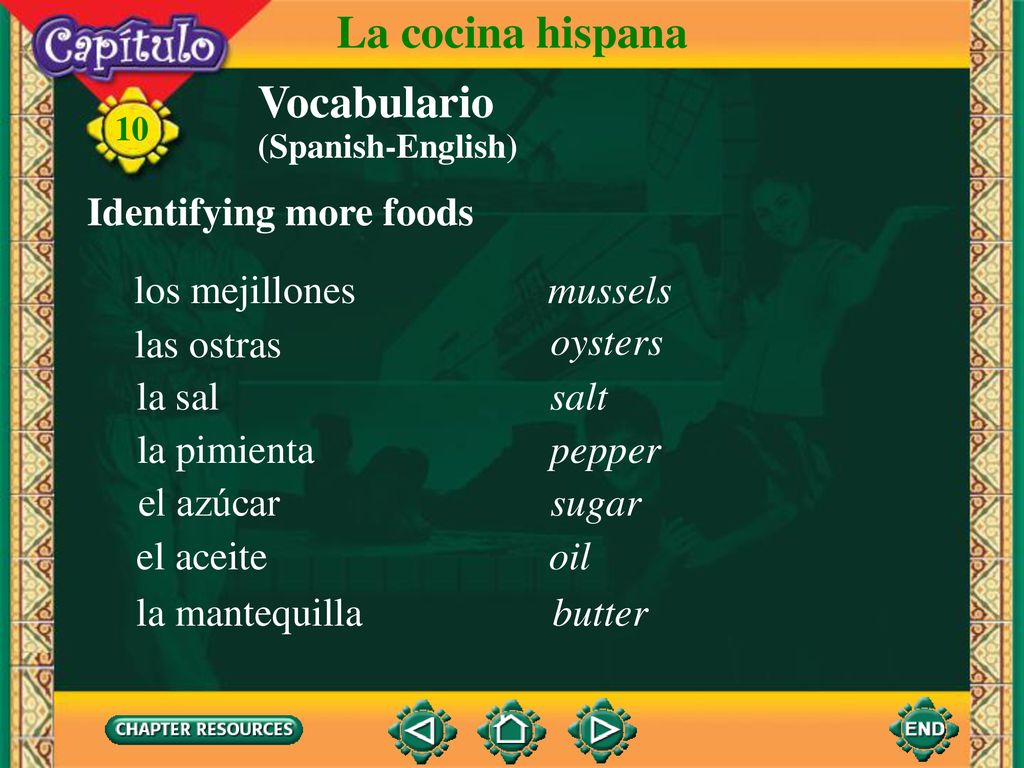 La cocina hispana Vocabulario Identifying more foods los mejillones