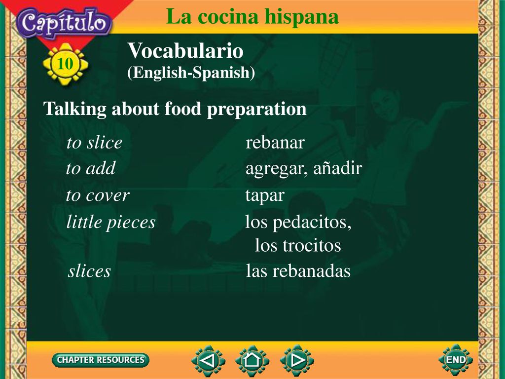 La cocina hispana Vocabulario Talking about food preparation to slice
