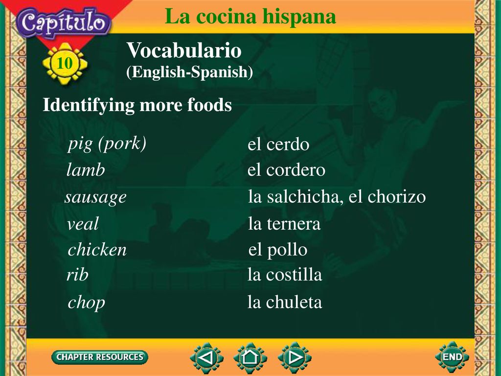 La cocina hispana Vocabulario Identifying more foods pig (pork)