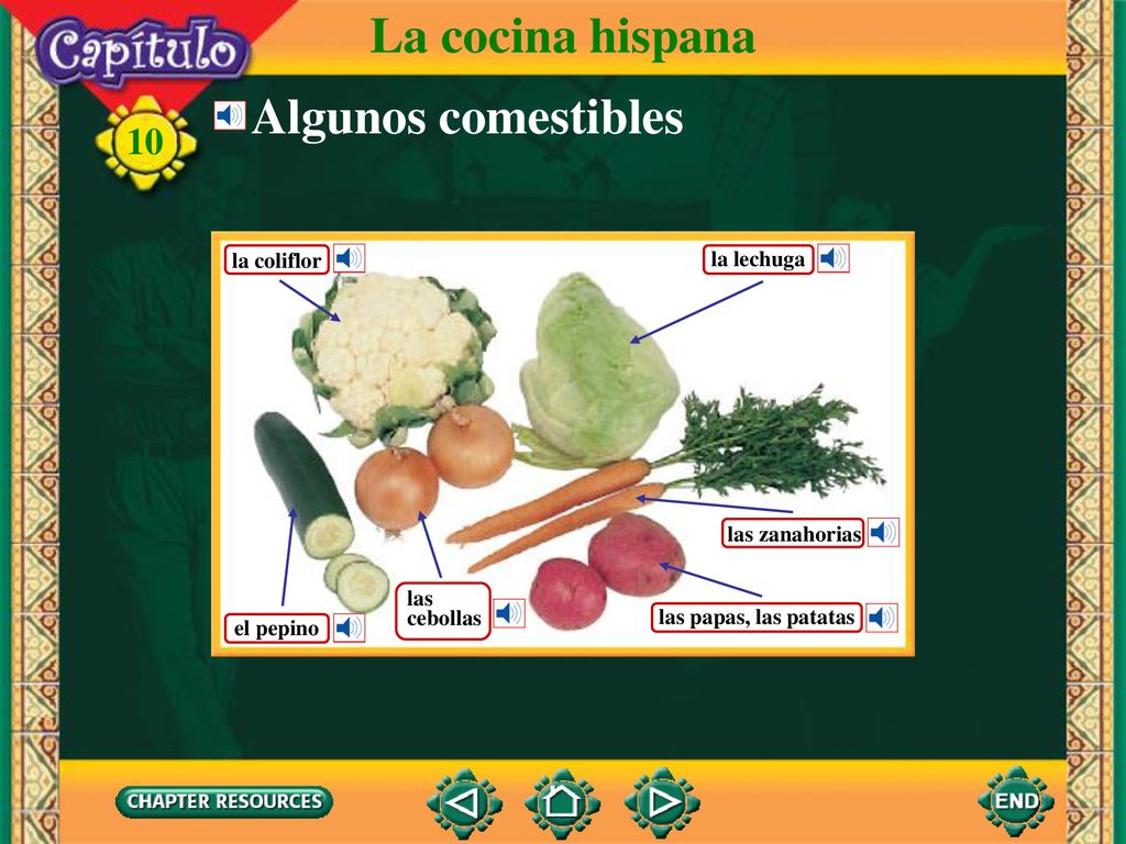 La cocina hispana Algunos comestibles la coliflor la lechuga