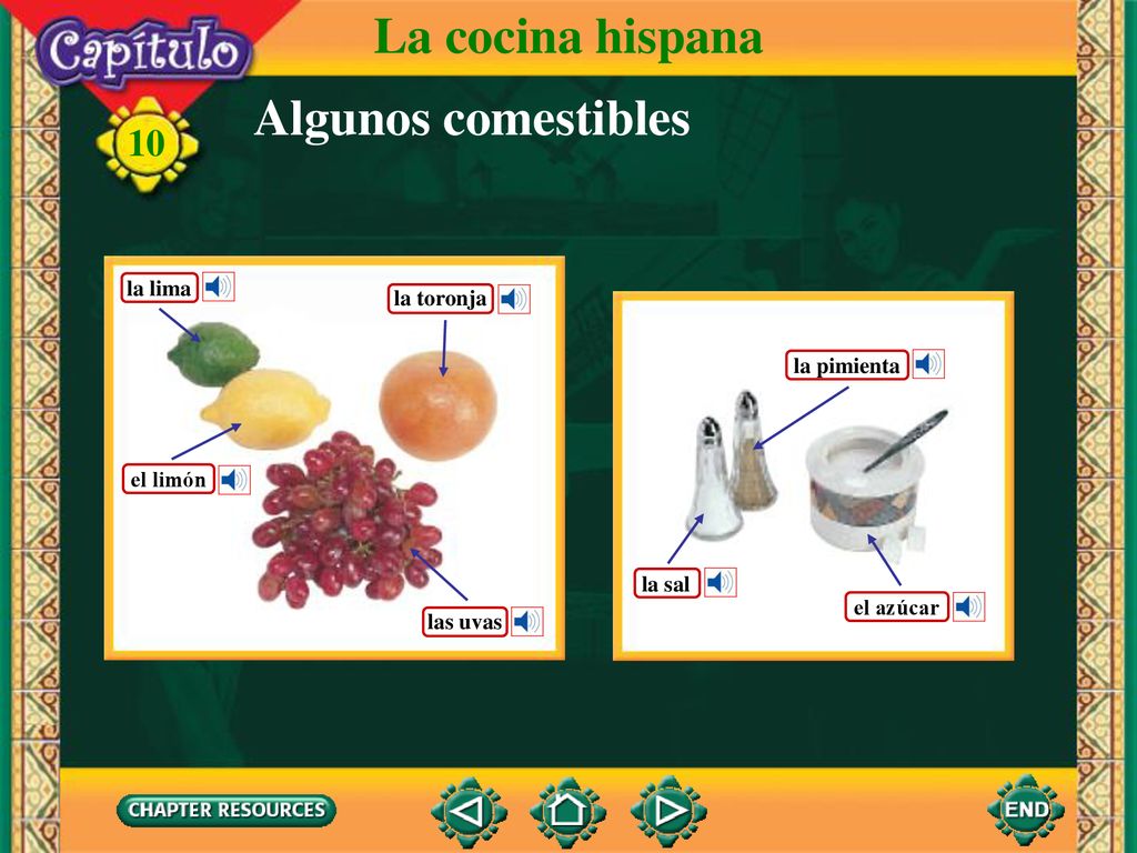 La cocina hispana Algunos comestibles la lima la toronja la pimienta