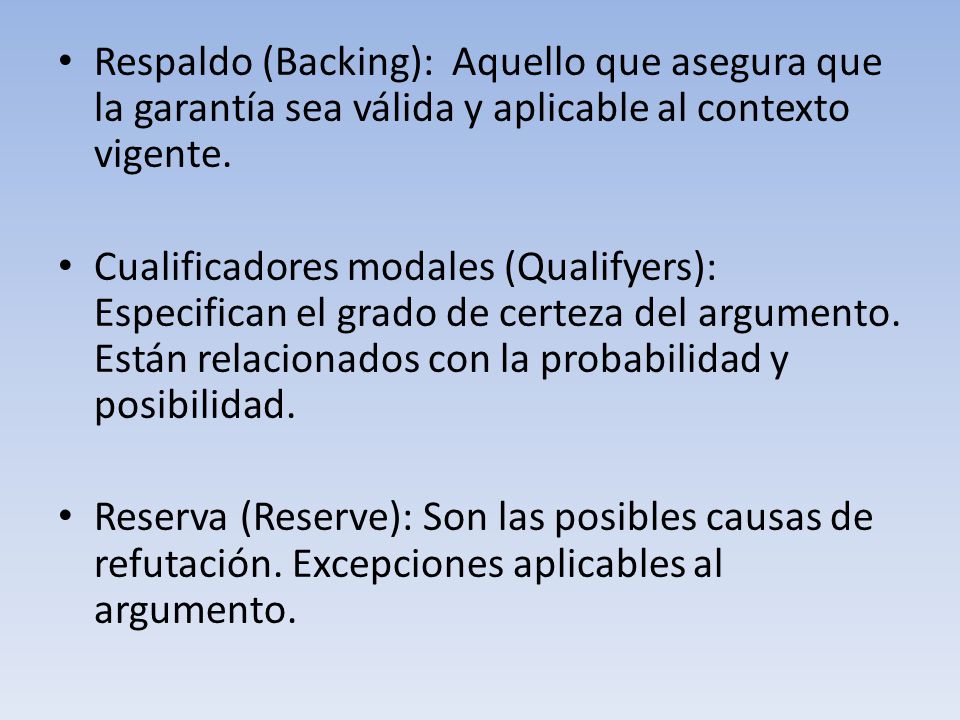 Respaldo (Backing): Aquello que asegura que la garantía sea válida y aplicable al contexto vigente.