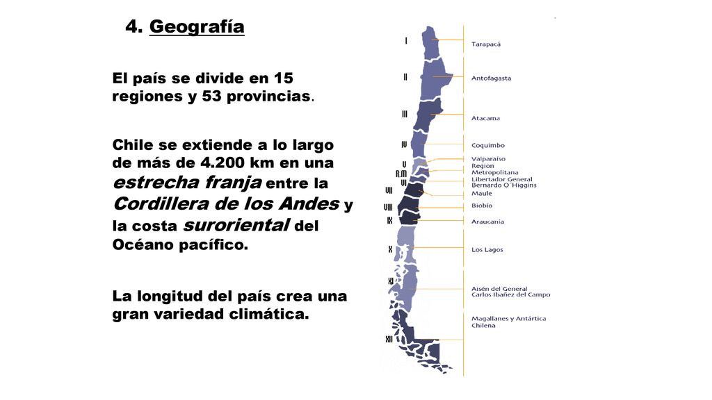 4. Geografía El país se divide en 15 regiones y 53 provincias.