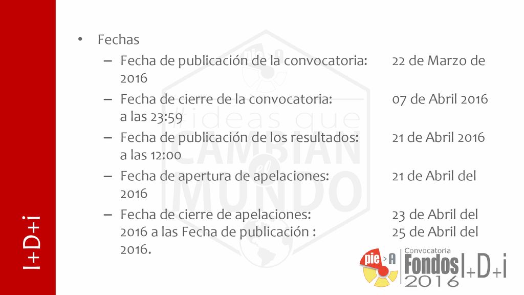 Fechas Fecha de publicación de la convocatoria: 22 de Marzo de Fecha de cierre de la convocatoria: 07 de Abril 2016 a las 23:59.
