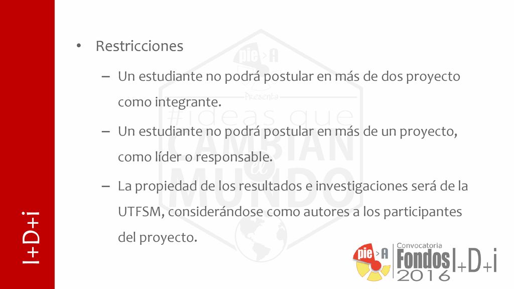 Restricciones Un estudiante no podrá postular en más de dos proyecto como integrante.
