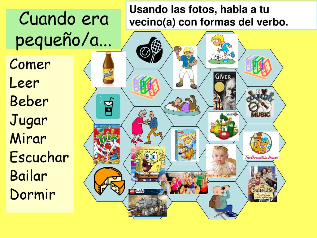 Cuando era pequeño/a... Comer Leer Beber Jugar Mirar Escuchar Bailar