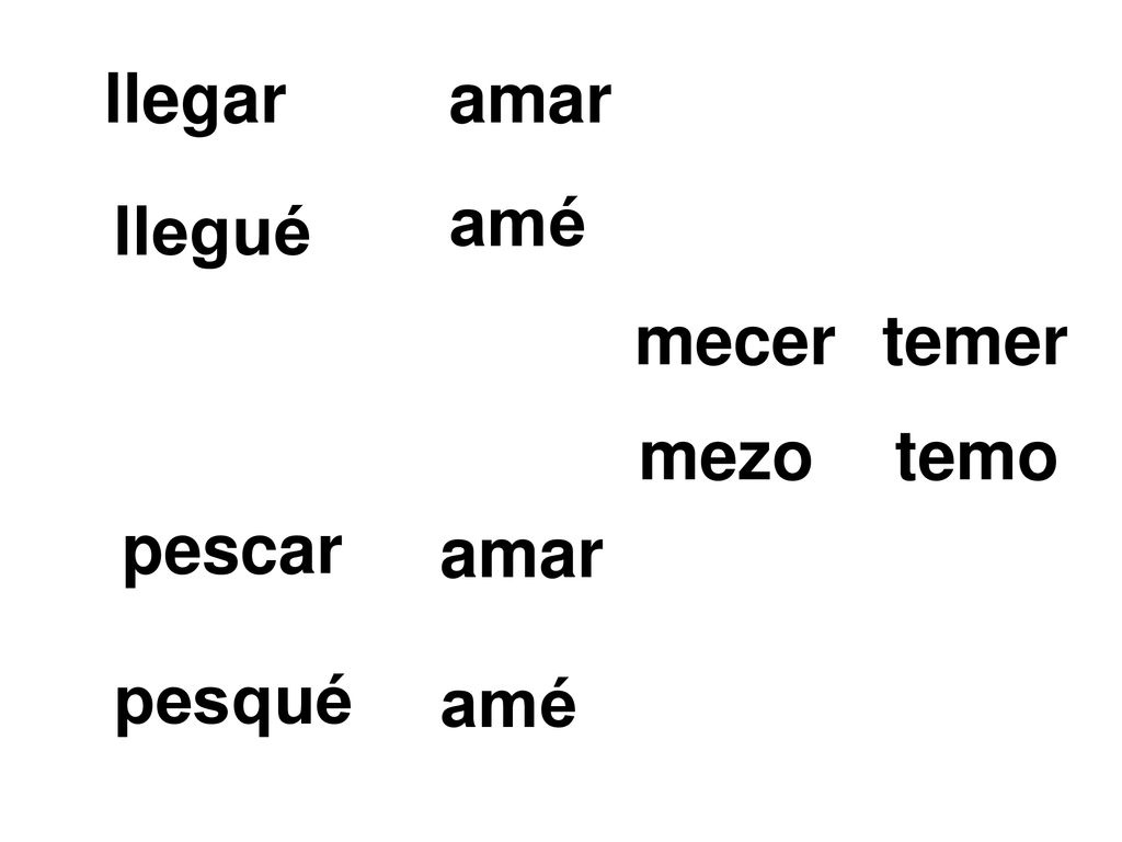 llegar amar amé llegué mecer temer mezo temo pescar amar pesqué amé