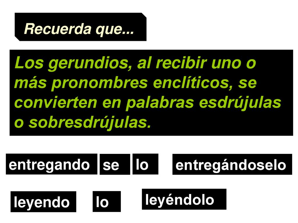 Recuerda que... Los gerundios, al recibir uno o más pronombres enclíticos, se convierten en palabras esdrújulas o sobresdrújulas.