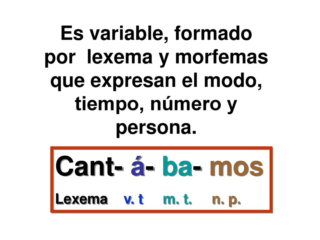 Es variable, formado por lexema y morfemas que expresan el modo, tiempo, número y persona.